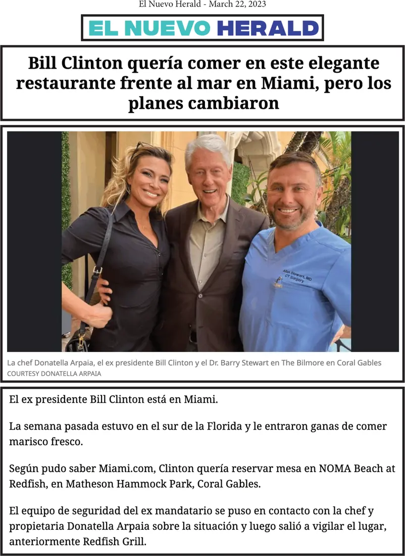 El Nuevo Herald, March 22, 2023: the Bill Clinton story in Spanish, with a photograph of Donatella, Bill Clinton and one of his heart surgeons