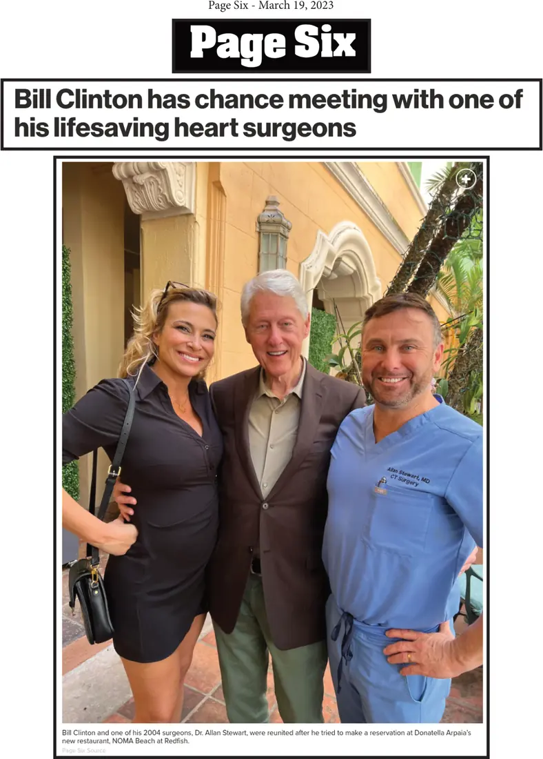 Page Six, March 19, 2023: “Bill Clinton has chance meeting with one of his lifesaving heart surgeons”, with a photograph of Donatella, Bill Clinton and one of his heart surgeons