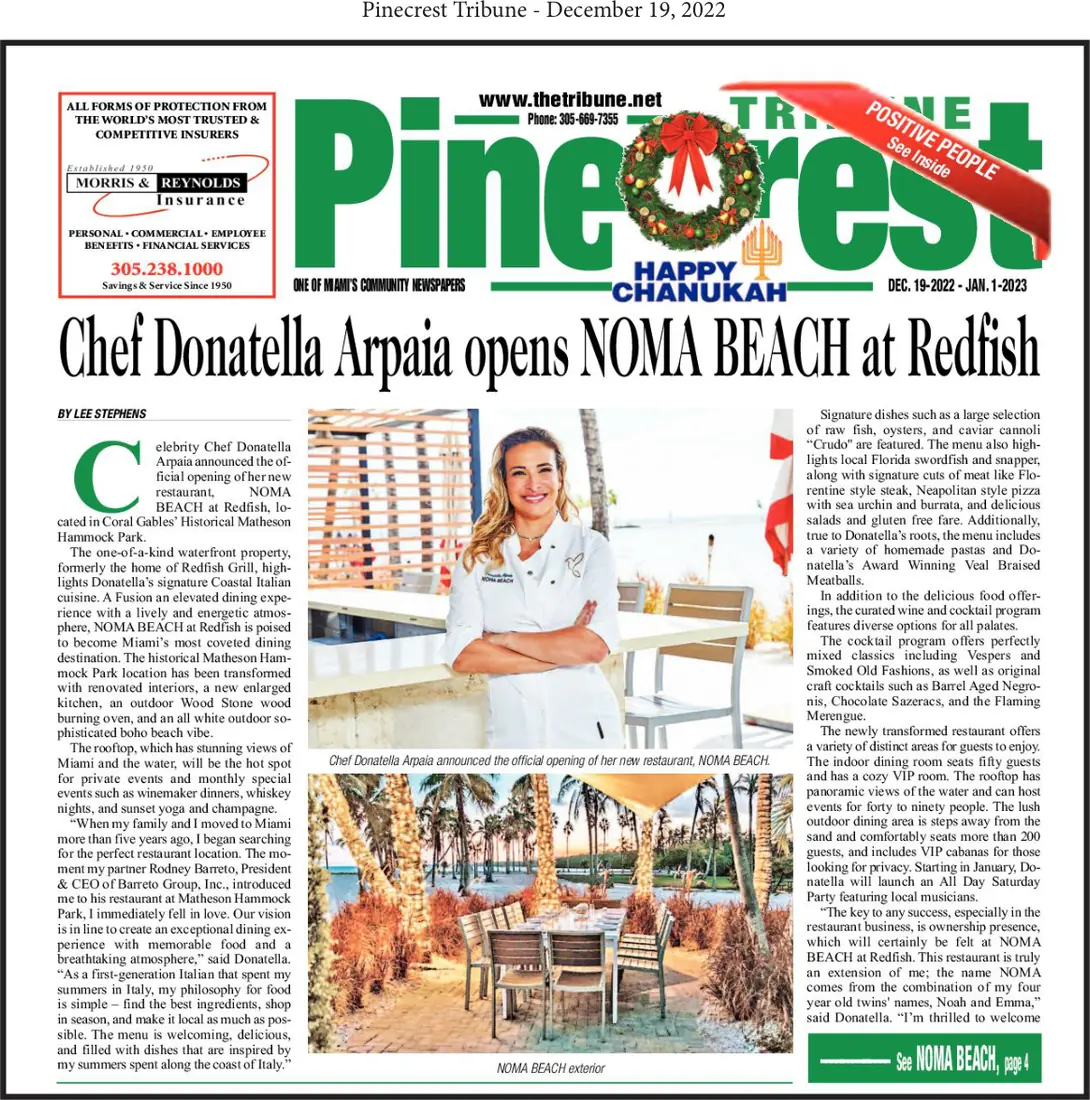 The Pinecrest Tribune’s front page, December 19, 2022: “Chef Donatella Arpaia opens NOMA BEACH at Redfish”