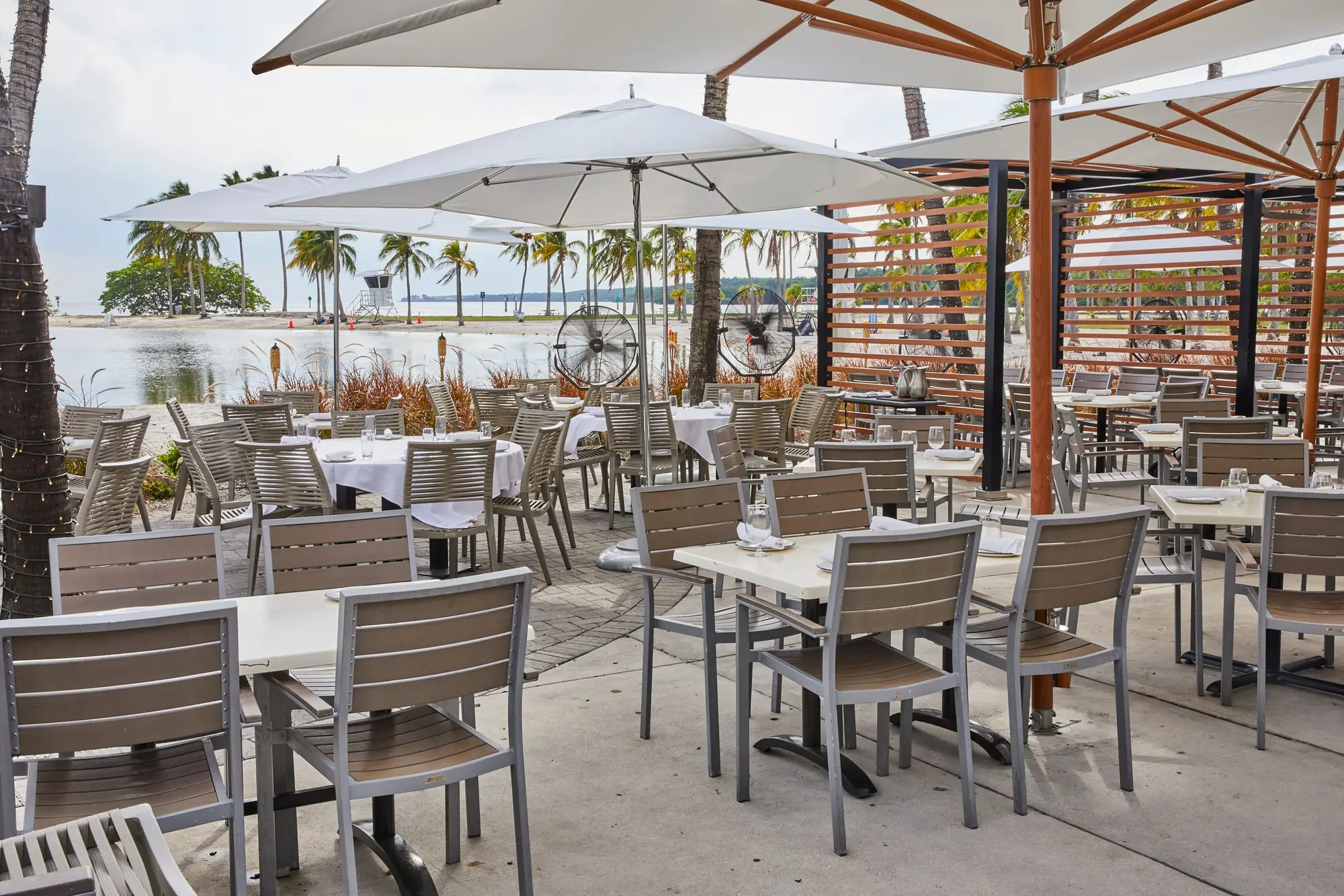The patio set for lunch under white umbrellas, the lagoon and its palms beyond