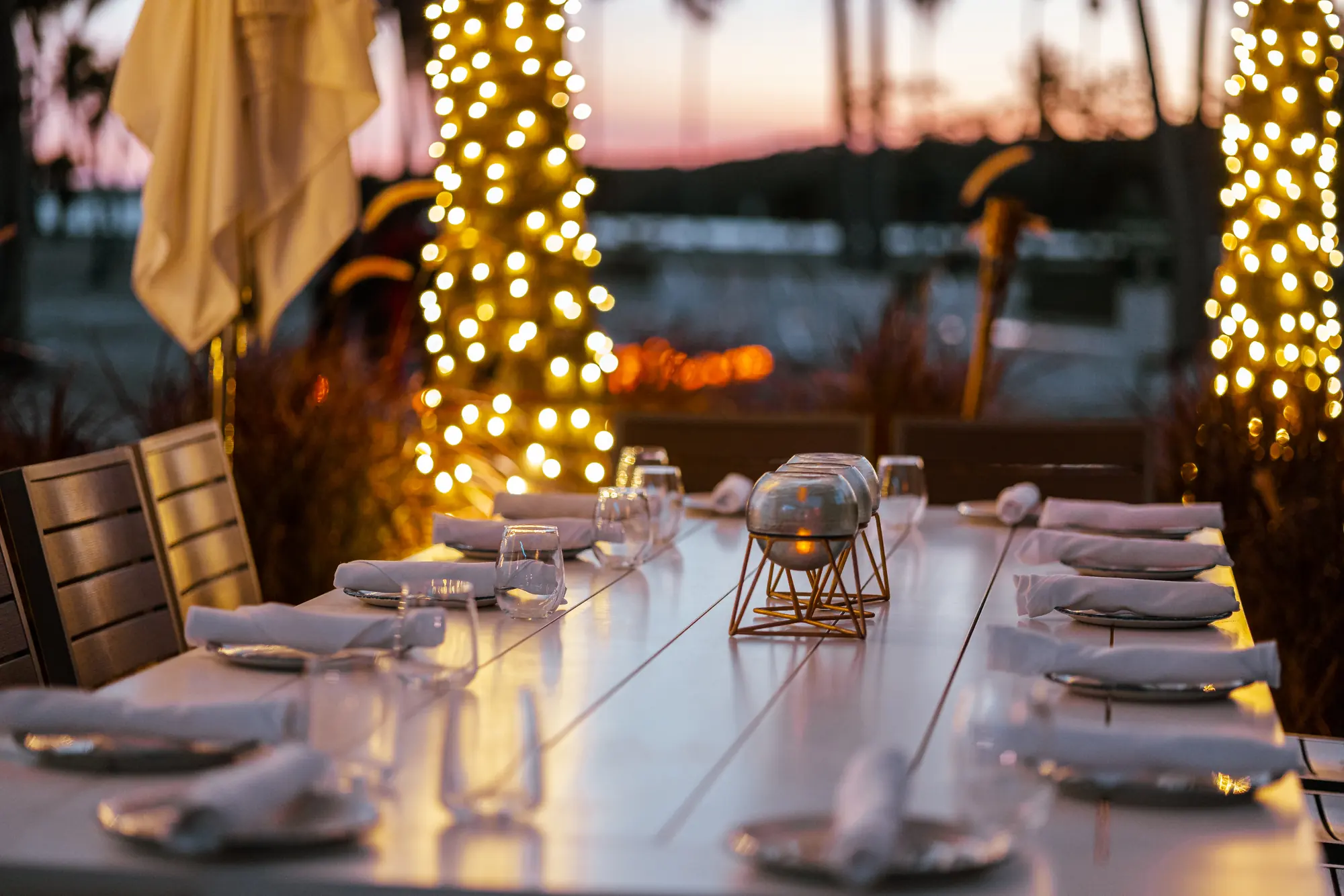 A table set for dinner, the palms’ lights glowing behind it