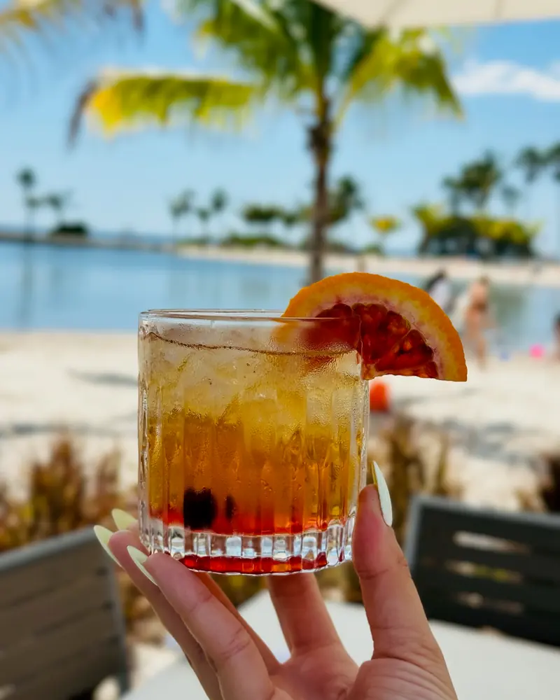 A cocktail with a slice of orange, held up against the lagoon and its palms