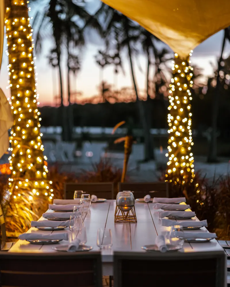 A long table under a sail between two palms wrapped in lights, the sky turning pink